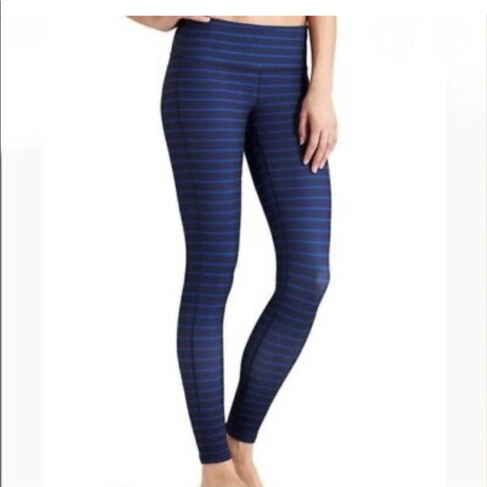 Athleta Blue & navy striped athletic leggings.